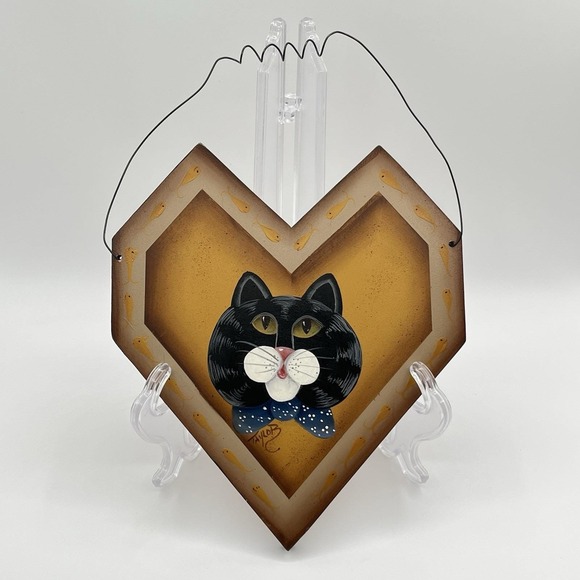 Vintage 1990's Cat Black Tabby Wood Rustic Country Painted Plaque Wall Decor 12" - Picture 2 of 8